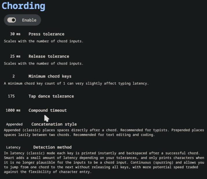 The Chording settings